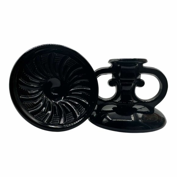 Vintage L.E. Smith Candlestick Holder Black Glass Scroll Set of Two Taper - Picture 5 of 5